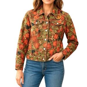 LAL Floral Denim Jacket M Green Orange Statement Boho Chic Artsy Fall Bold Style